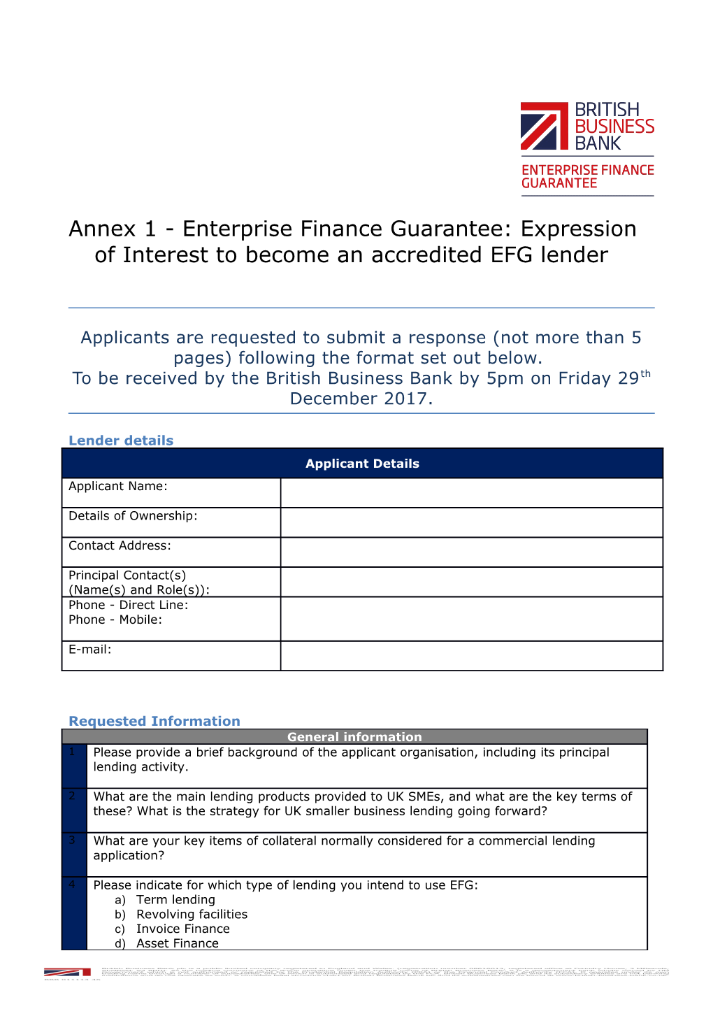 Annex 1- Enterprise Finance Guarantee: Expression of Interestto Become an Accredited EFG Lender