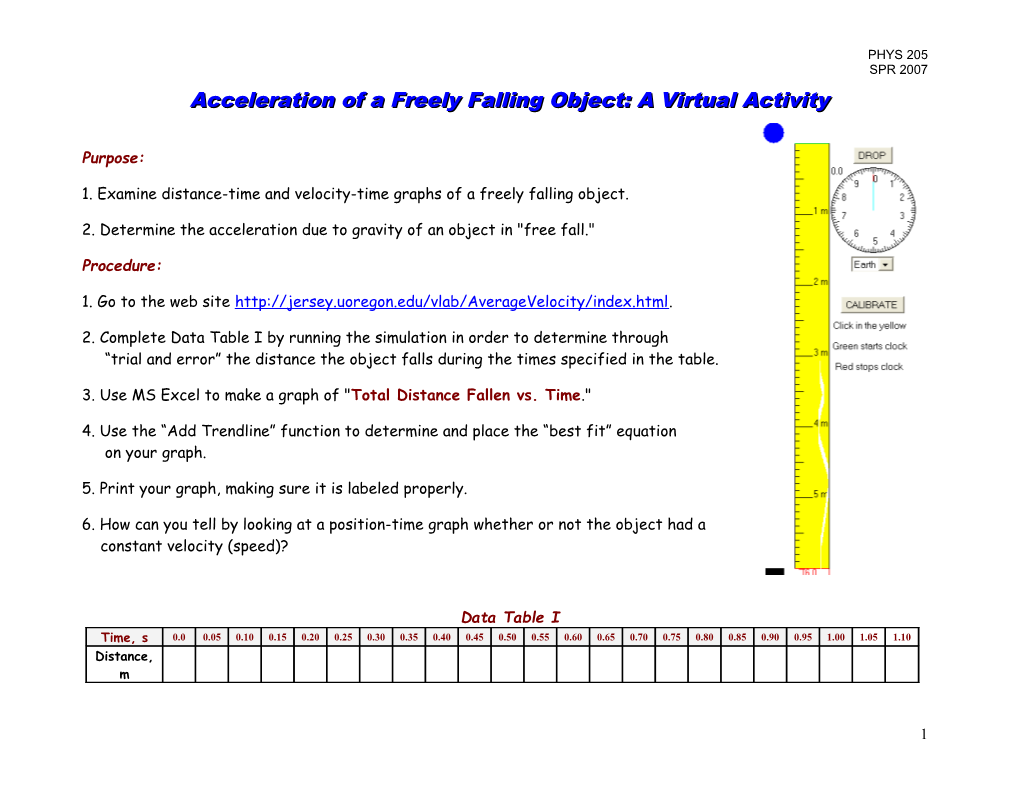 Acceleration of a Freely Falling Object: a Virtual Activity