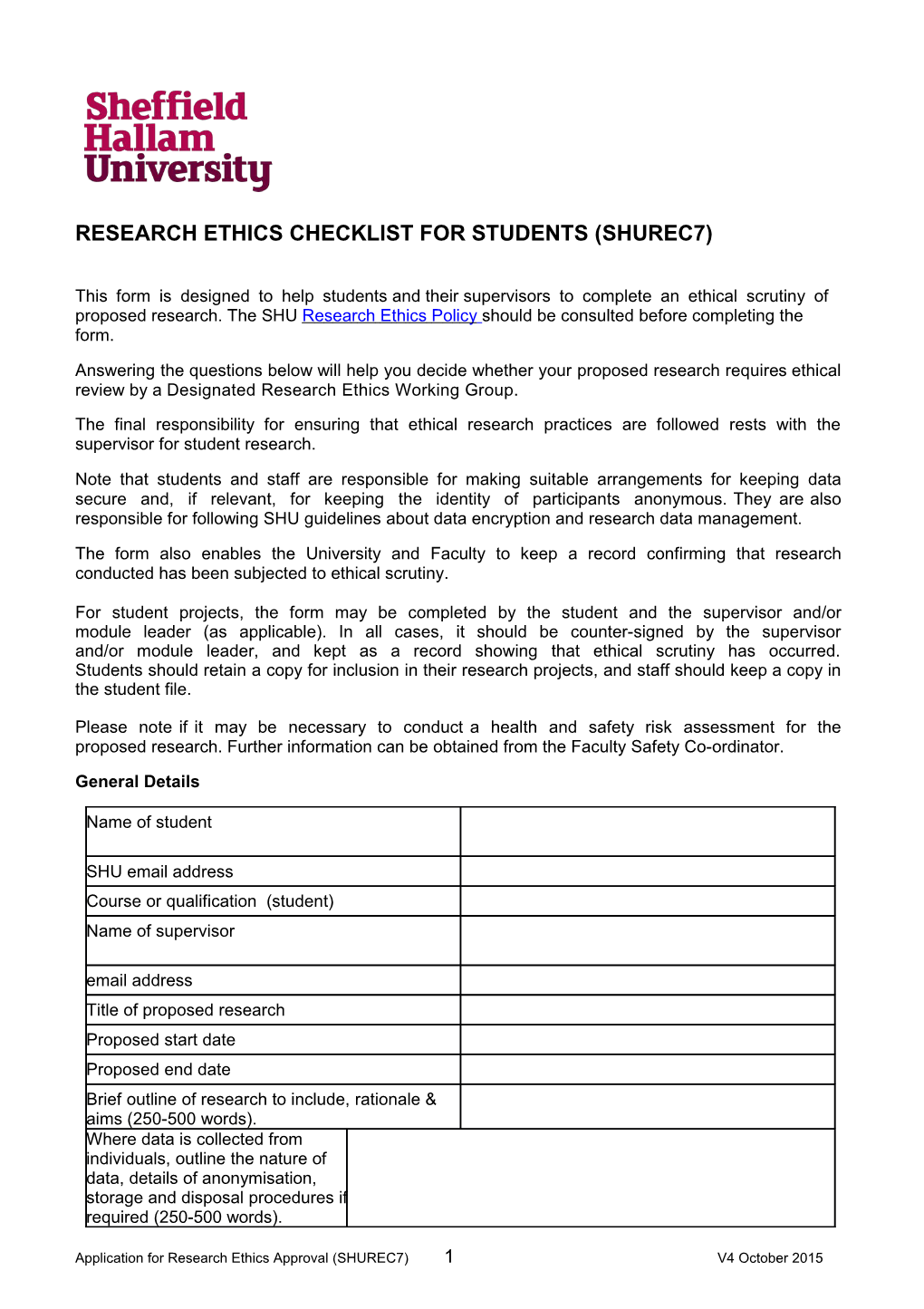 Research Ethicschecklist for Students (Shurec7)