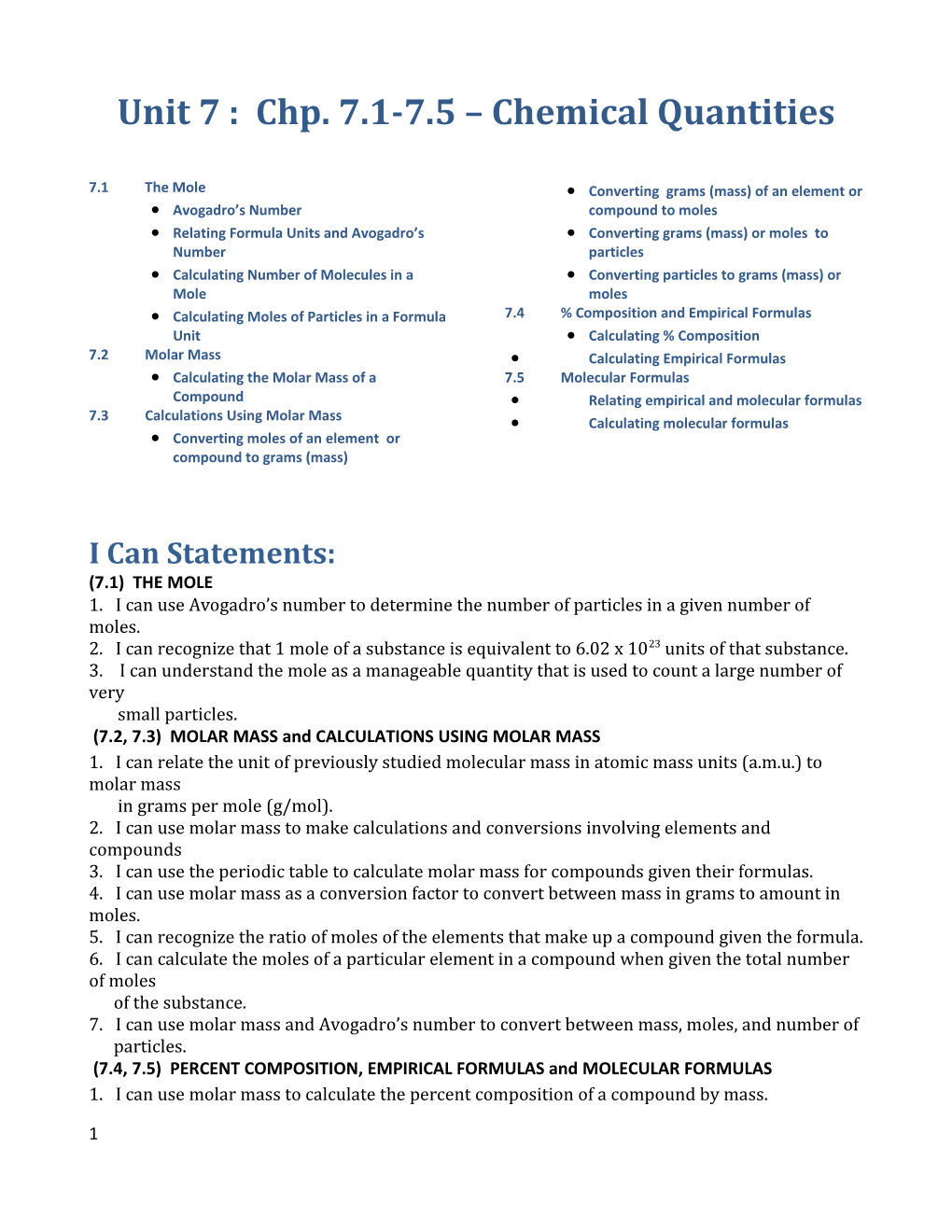 Unit 7: Chp. 7.1-7.5 Chemical Quantities