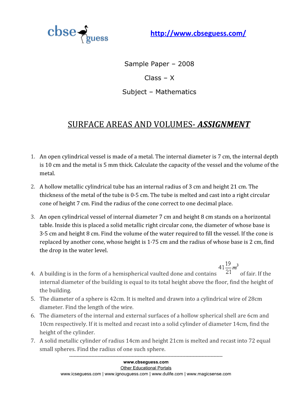 Surface Areas and Volumes- Assignment