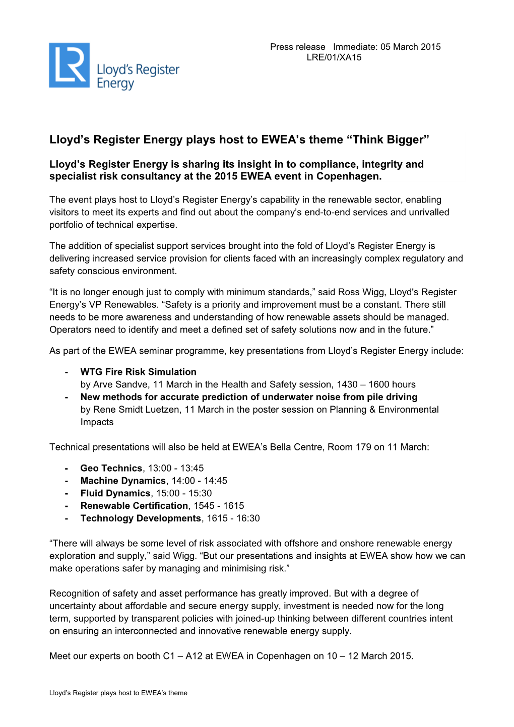 Lloyd S Register Energy Plays Host to EWEA S Theme Think Bigger
