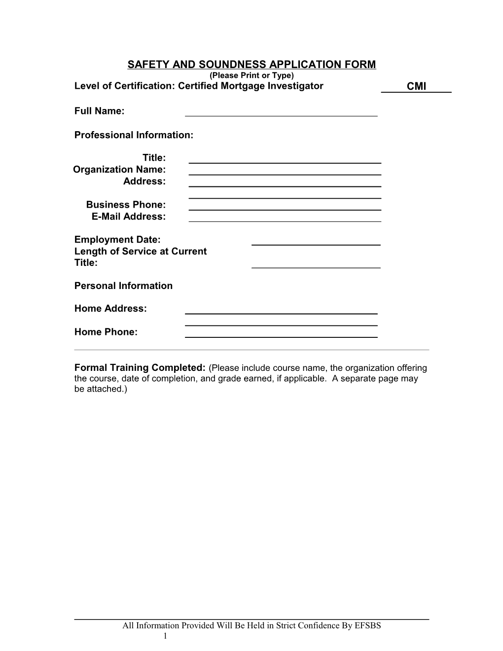 Safety and Soundness Application Form