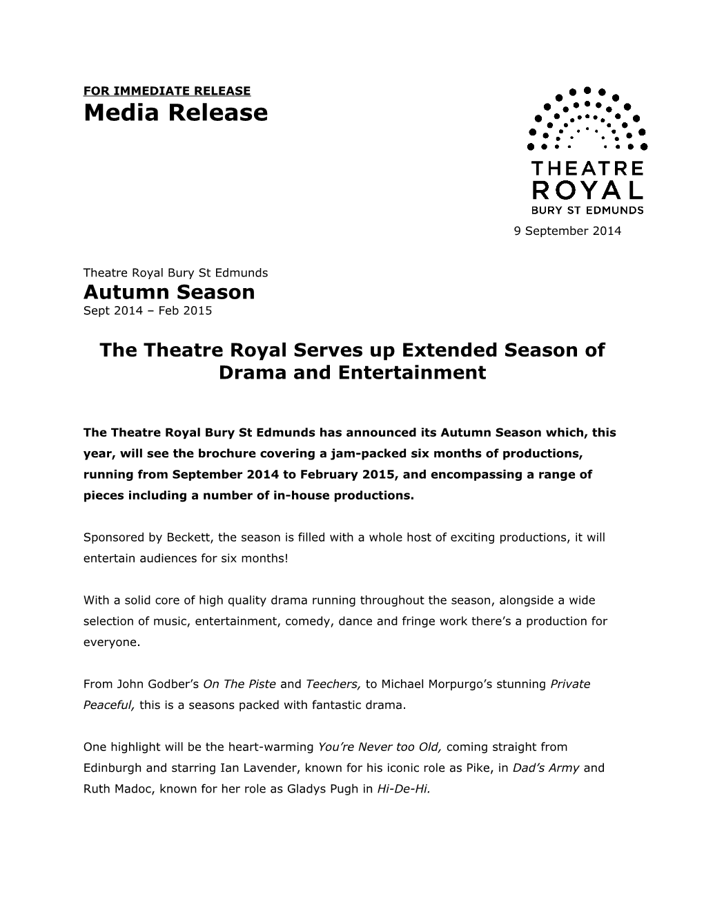 The Theatre Royal Serves up Extended Season of Drama and Entertainment