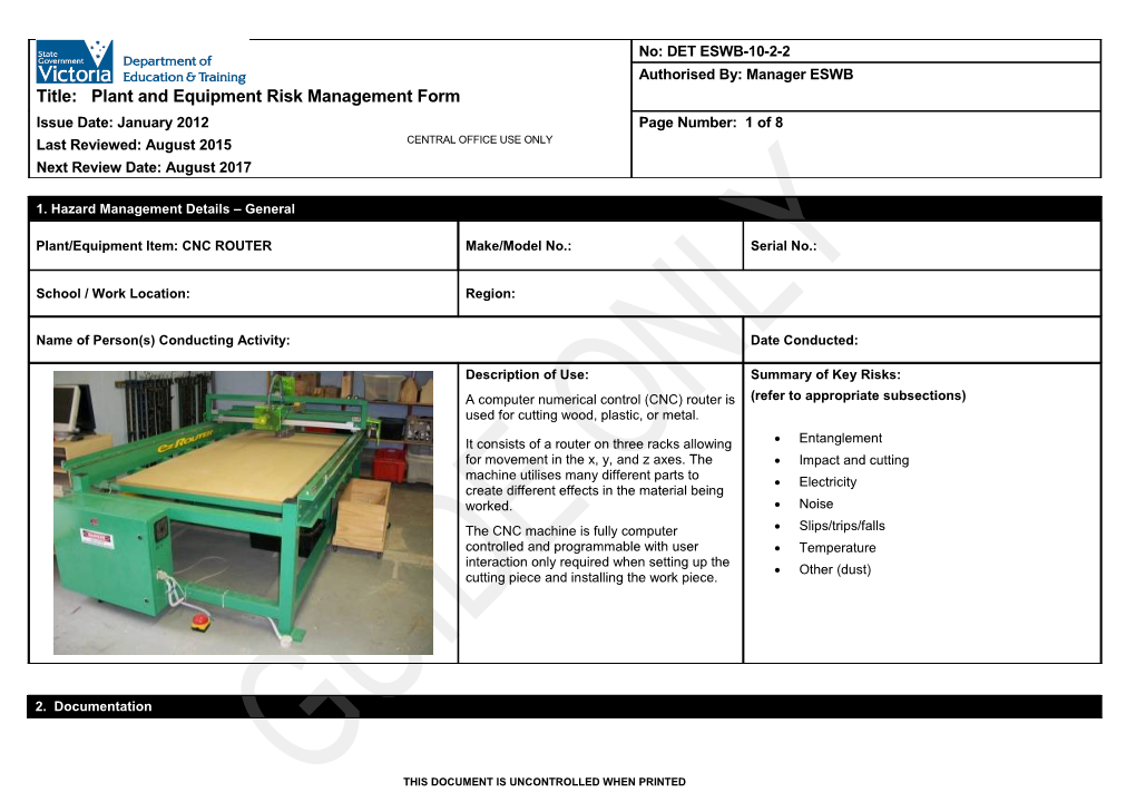 Plant and Equipment Risk Management Form - CNC Router