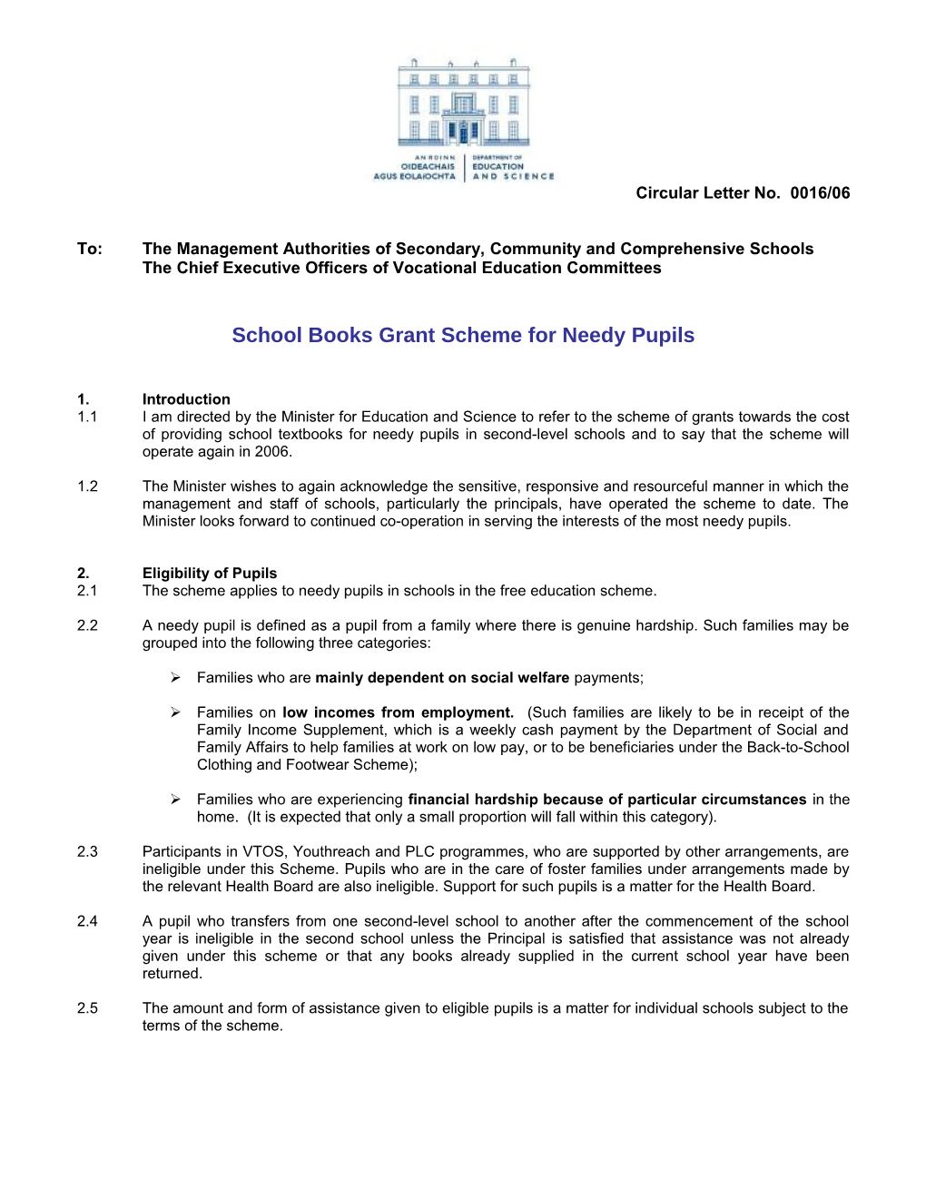 Circular 0016/2006 - School Books Grant Scheme for Needy Pupils (File Format Word 70KB)