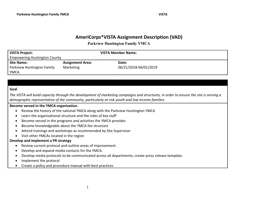 Americorps*VISTA Assignment Description (VAD)