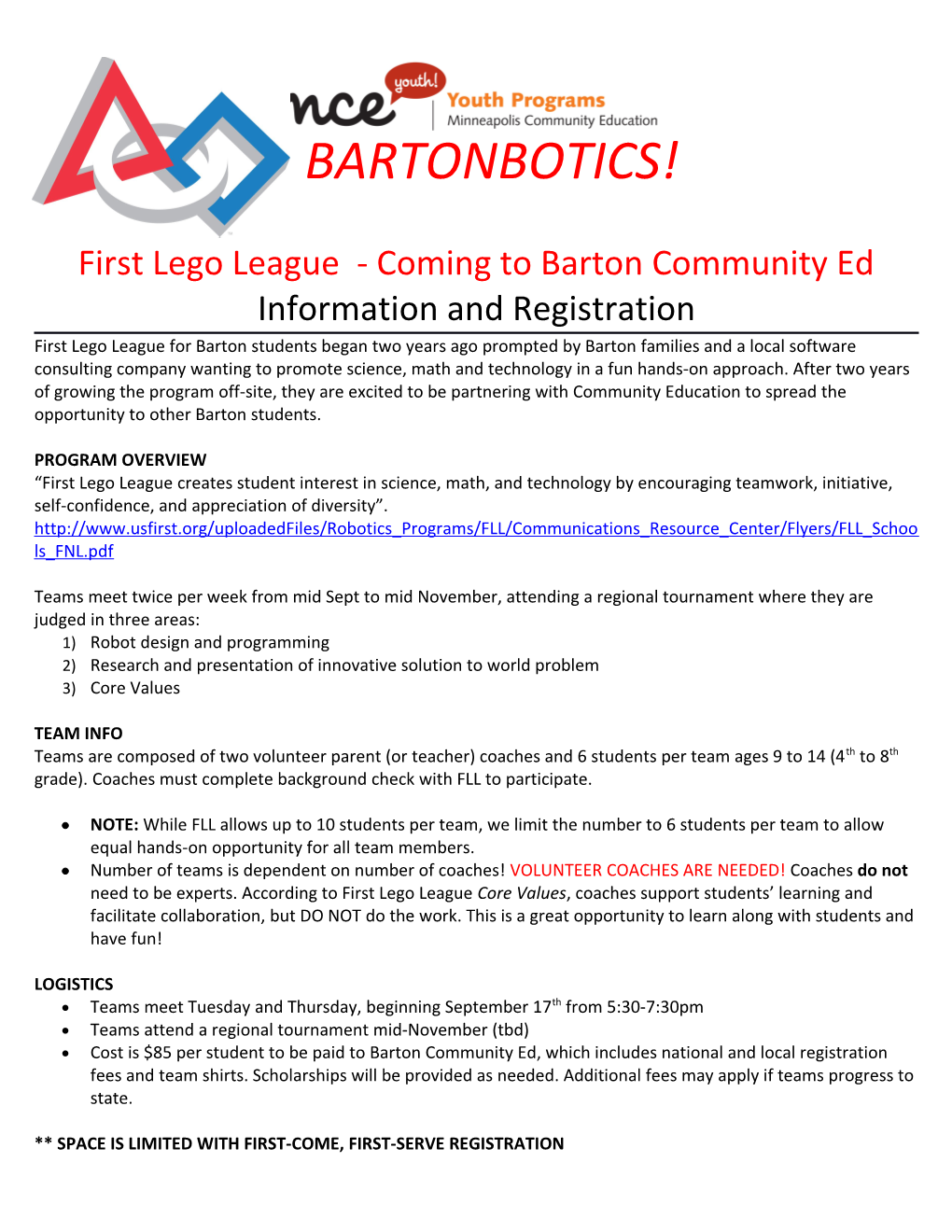 First Lego League - Coming to Barton Community Ed