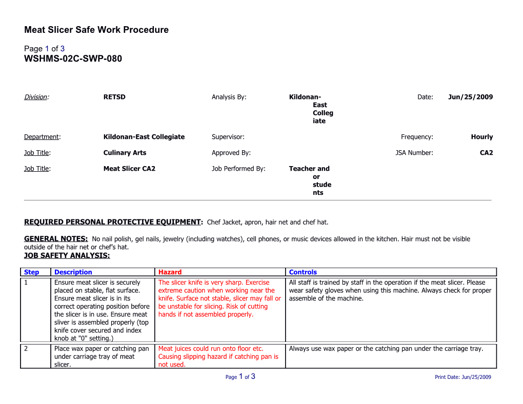 SWP-080 Slicer - Meat Slicer Safe Work Procedure