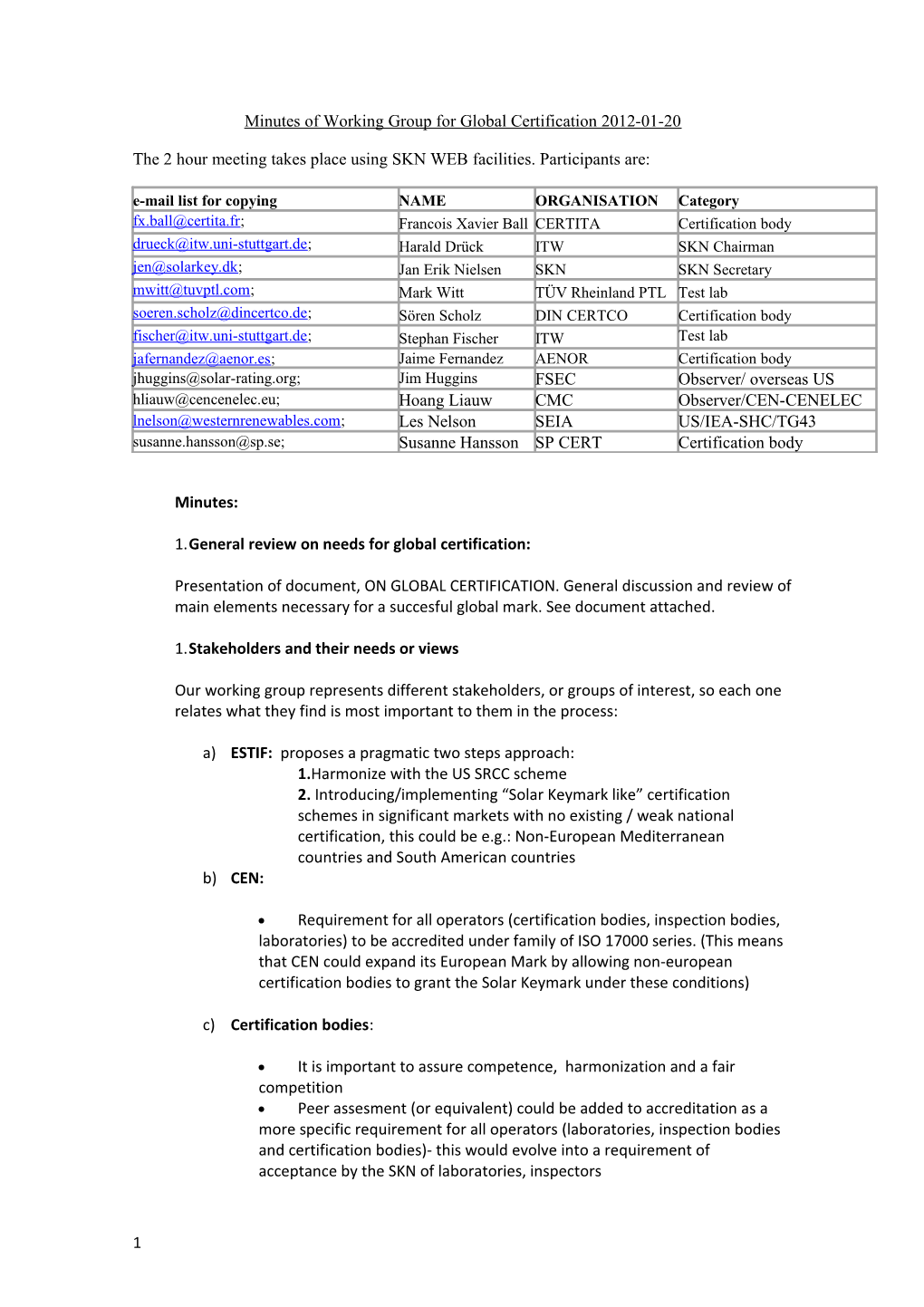 Minutes of Working Group for Global Certification 2012-01-20