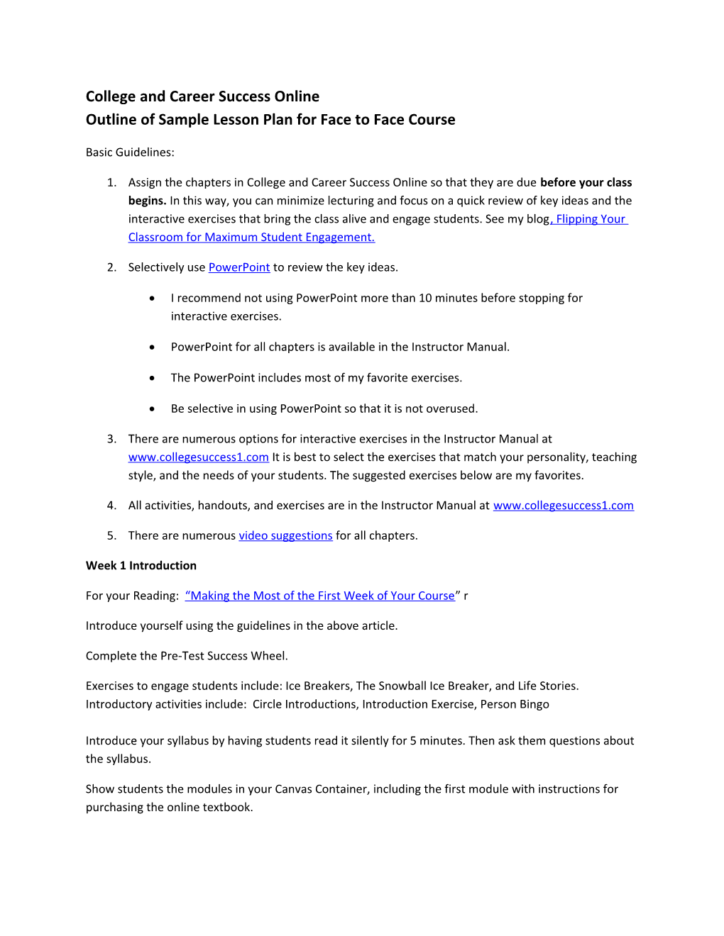 College and Career Success Online Outline of Sample Lesson Plan for Face to Face Course