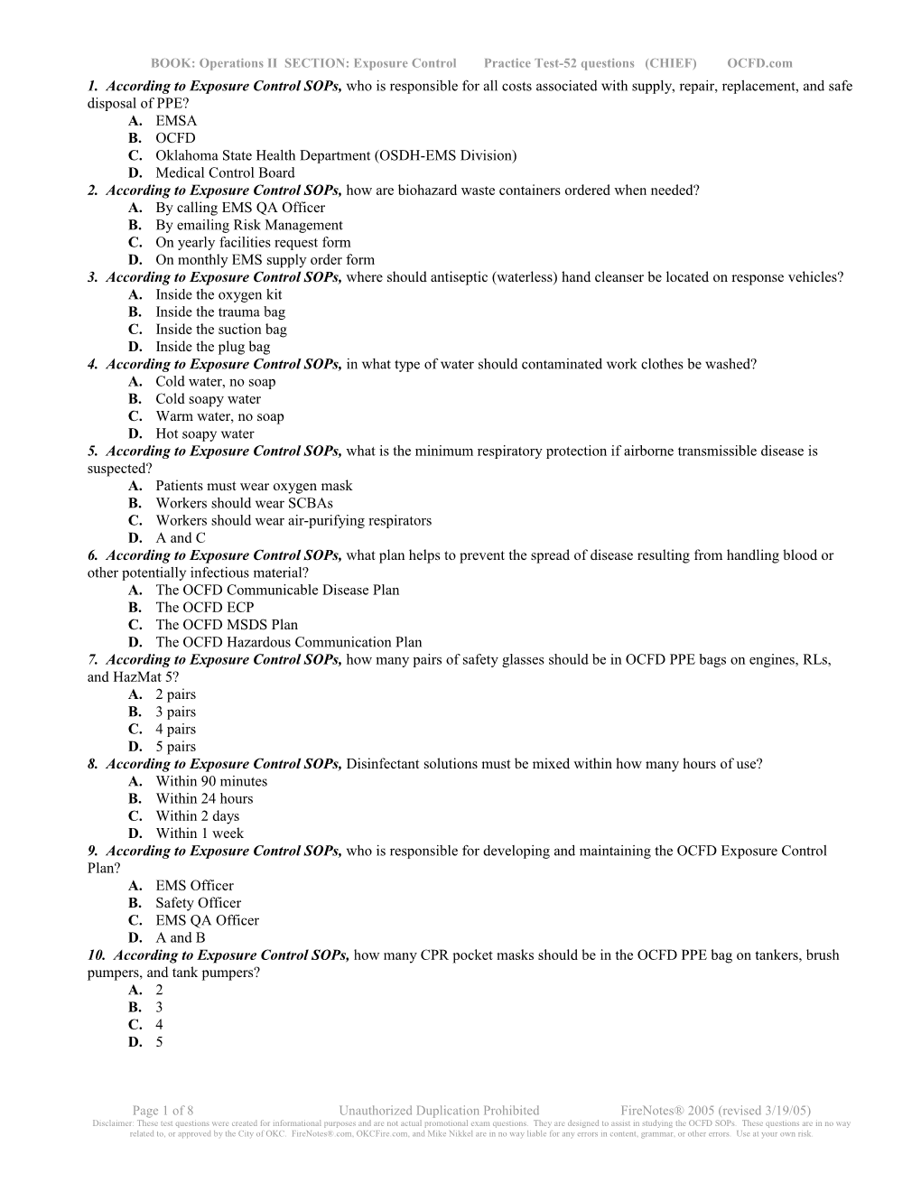 BOOK: Operations II SECTION: Exposure Control Practice Test-52 Questions (CHIEF) OCFD.Com