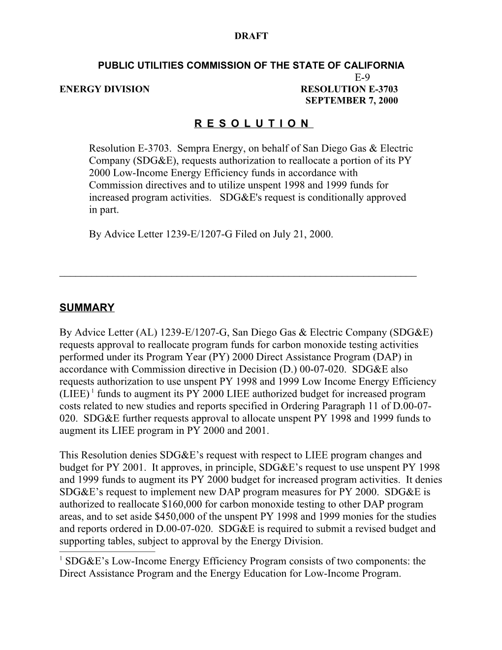 Request for Authorization to Reallocate a Portion of Sdg&E S Py 2000 Low-Income Energy