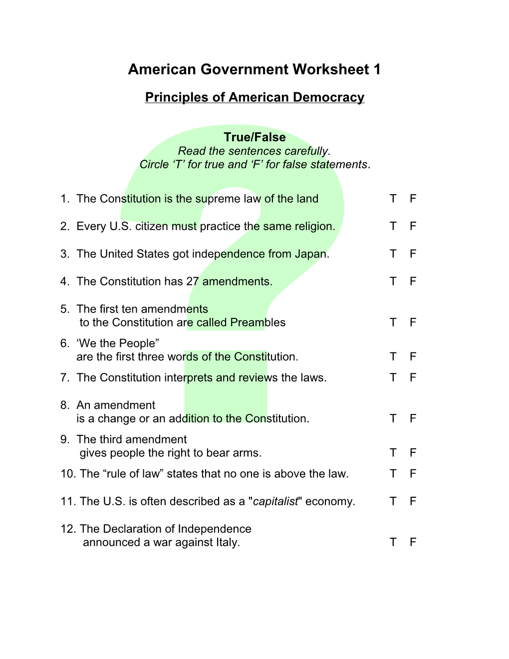 American Governmentworksheet 1