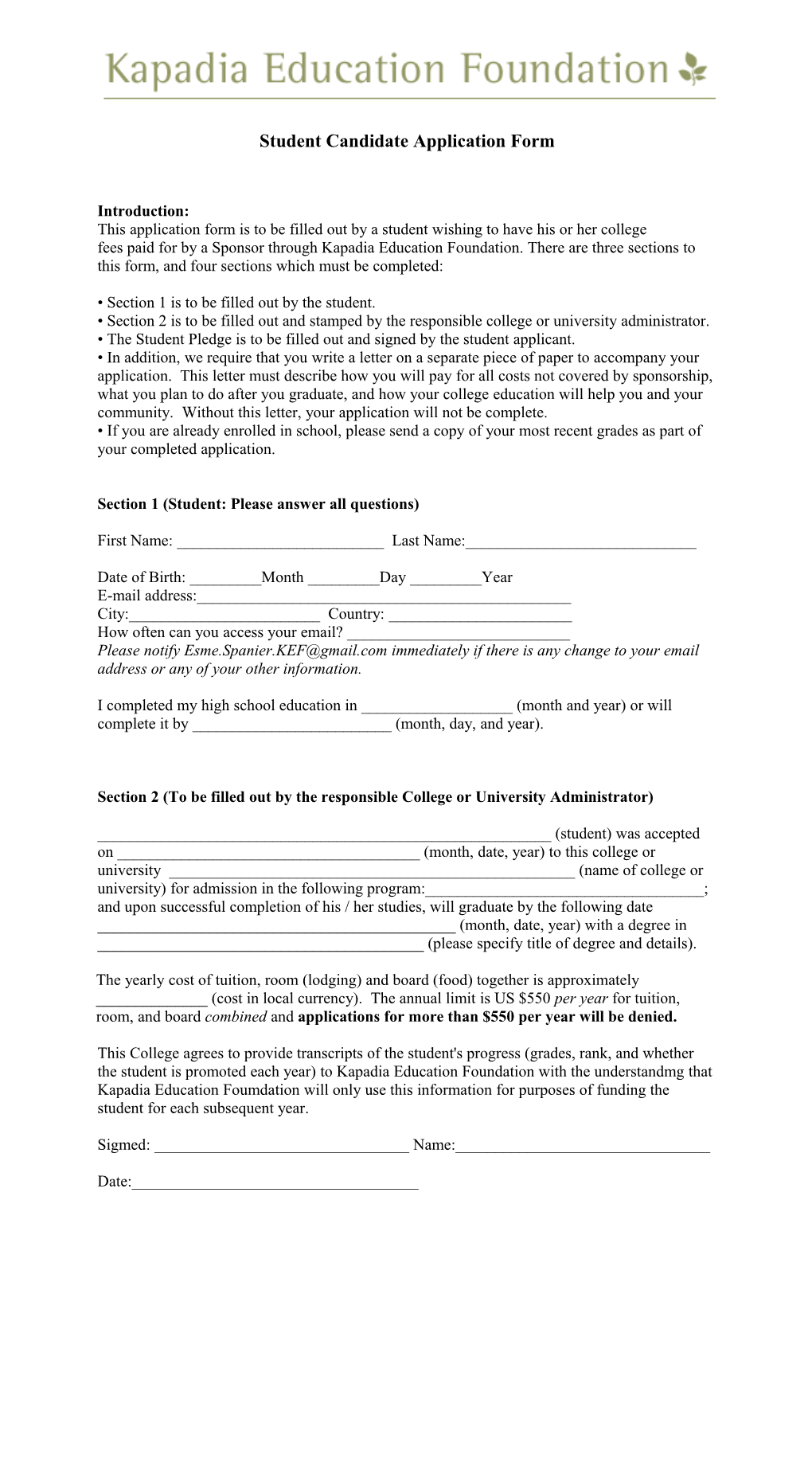 Student Candidate Application Form