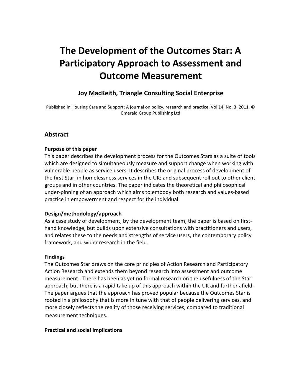 The Development of the Outcomes Star: a Participatory Approach to Assessment and Outcome