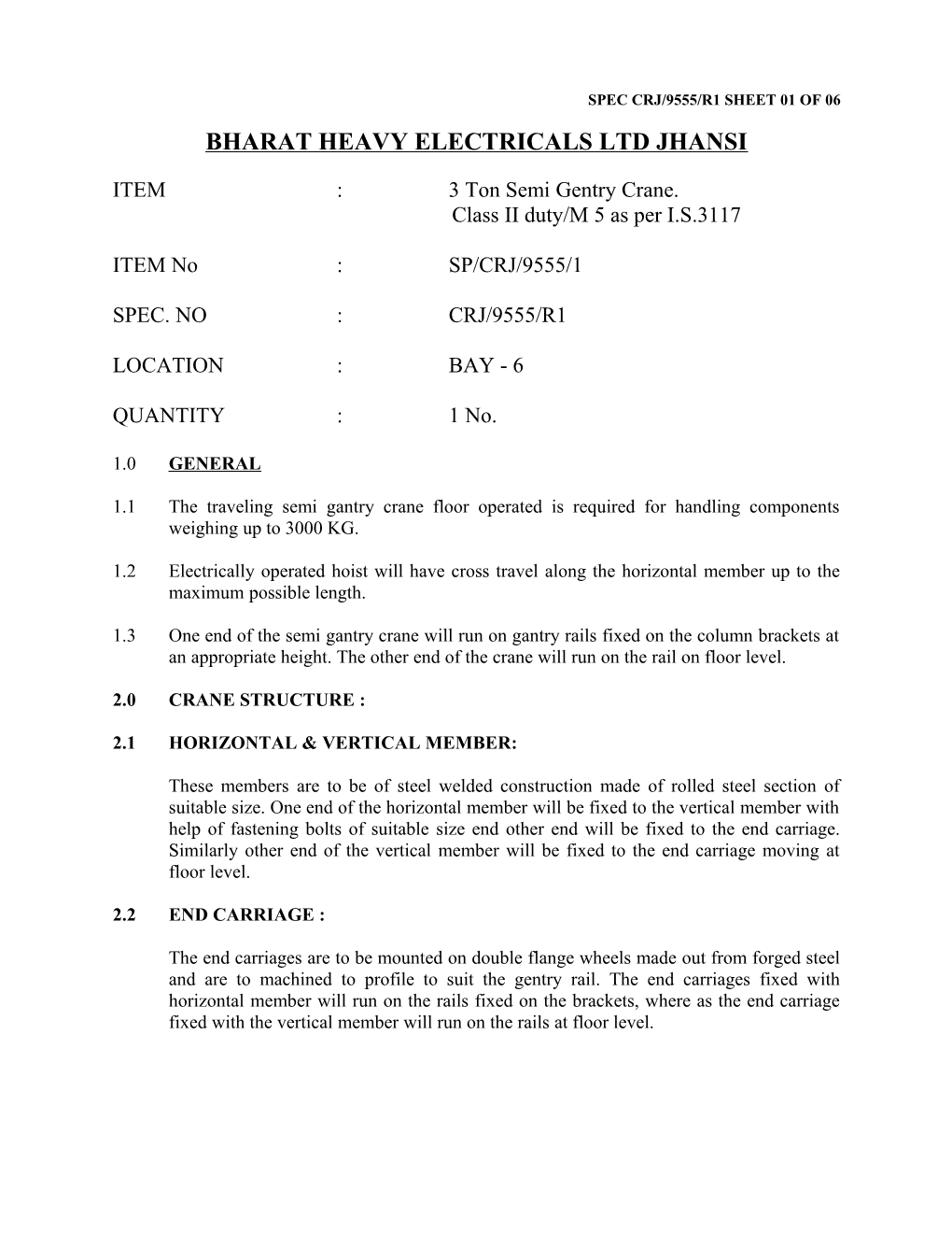 Spec Crj/9555/R1 Sheet 01 of 06