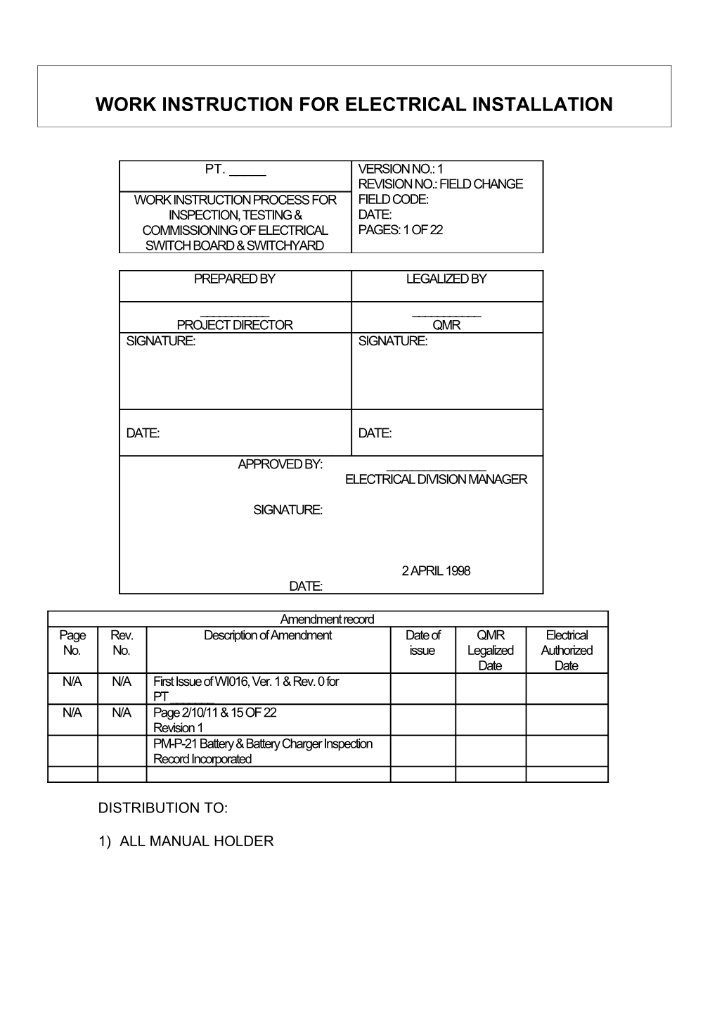 Work Instruction of Electrical Installation