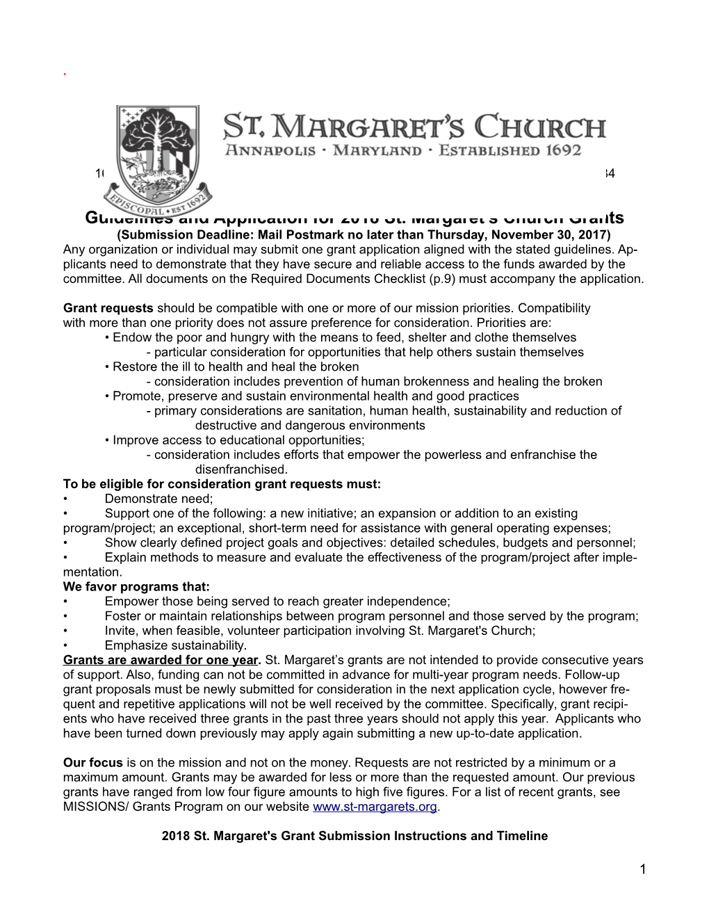 Guidelines and Application for 2018 St. Margaret's Church Grants