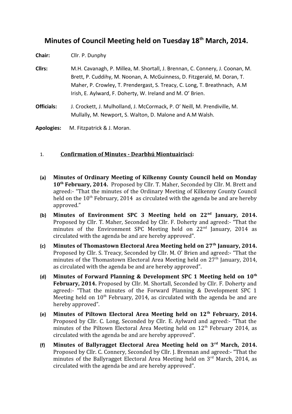 Minutes of Council Meeting Held on Tuesday 18Th March, 2014