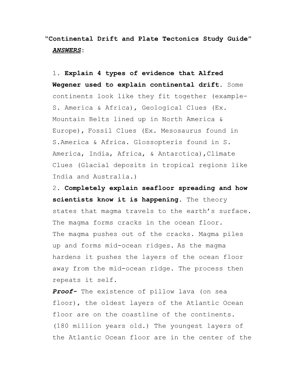 Continental Drift and Plate Tectonics Study Guide