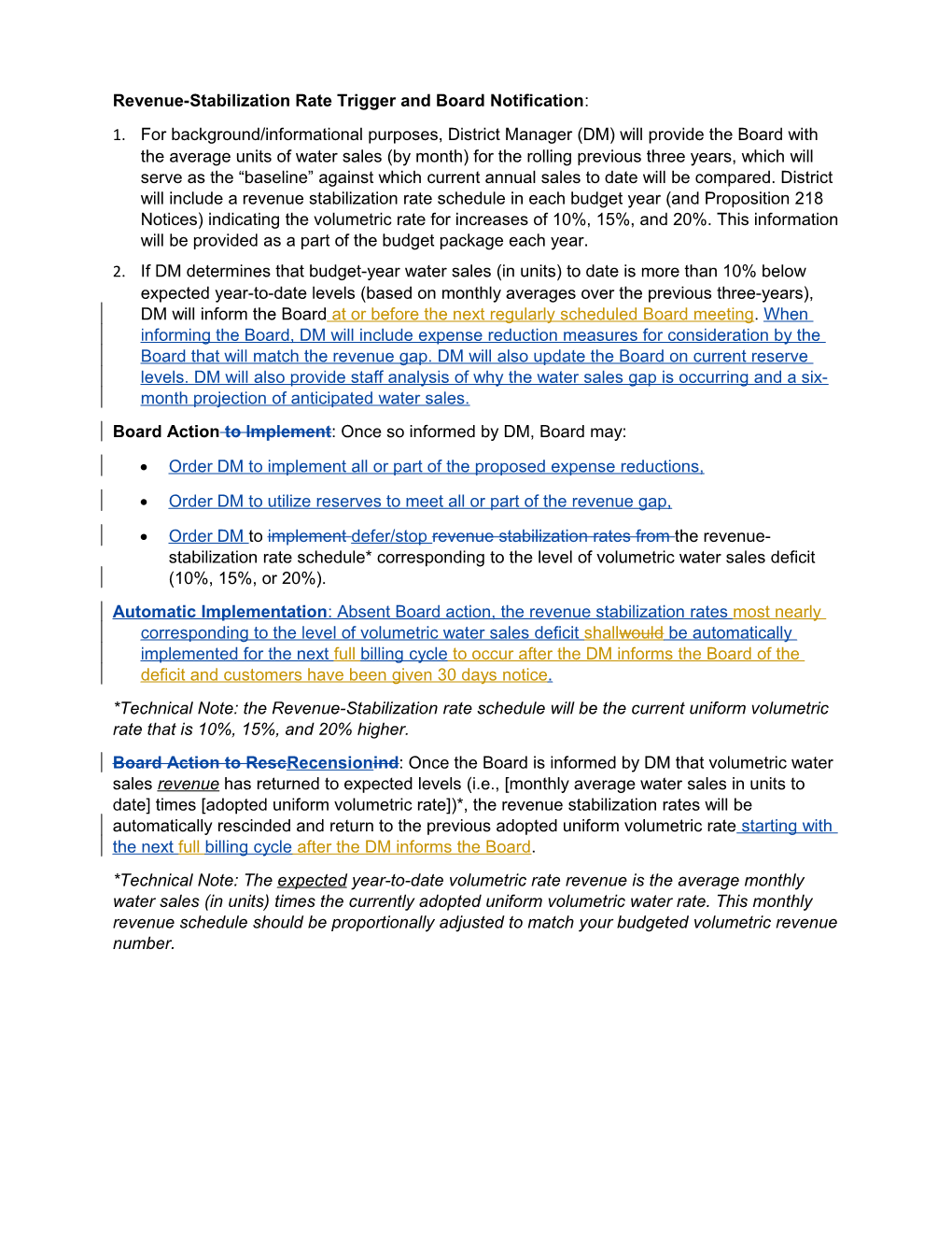 Revenue-Stabilization Rate Trigger and Board Notification