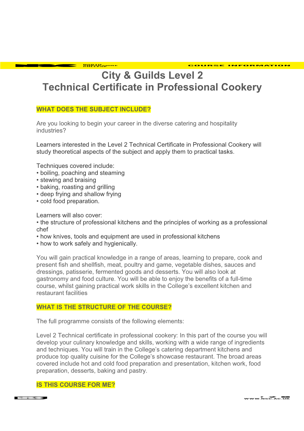 Technical Certificate in Professional Cookery