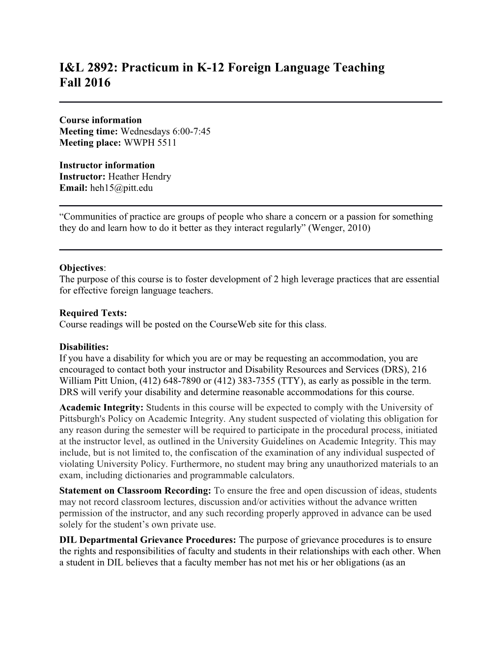 I&L 2892: Practicumin K-12 Foreign Language Teaching