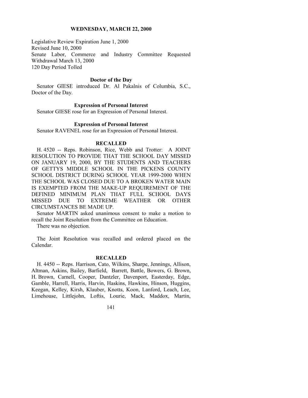 Senate Journal for Mar. 22, 2000 - South Carolina Legislature Online