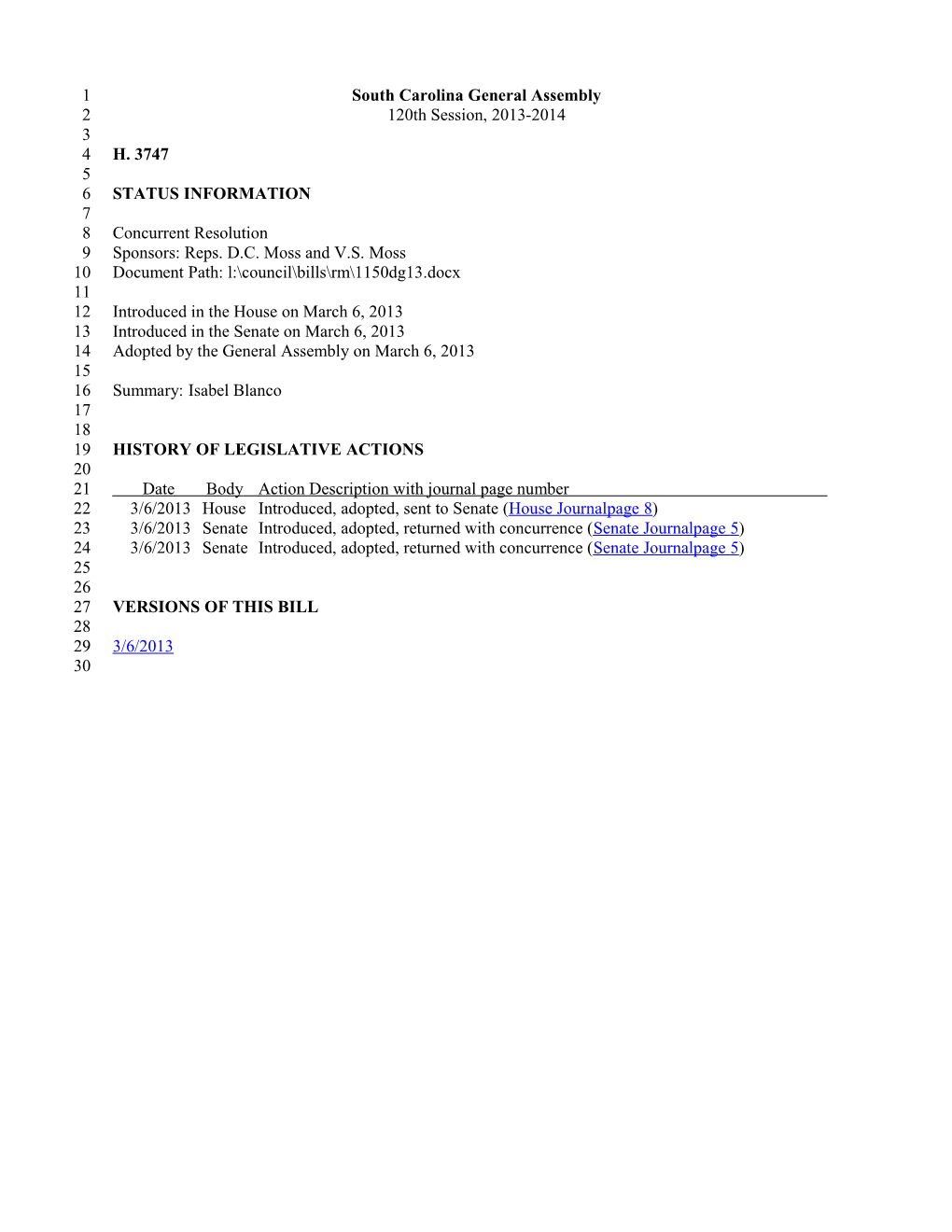 2013-2014 Bill 3747: Isabel Blanco - South Carolina Legislature Online