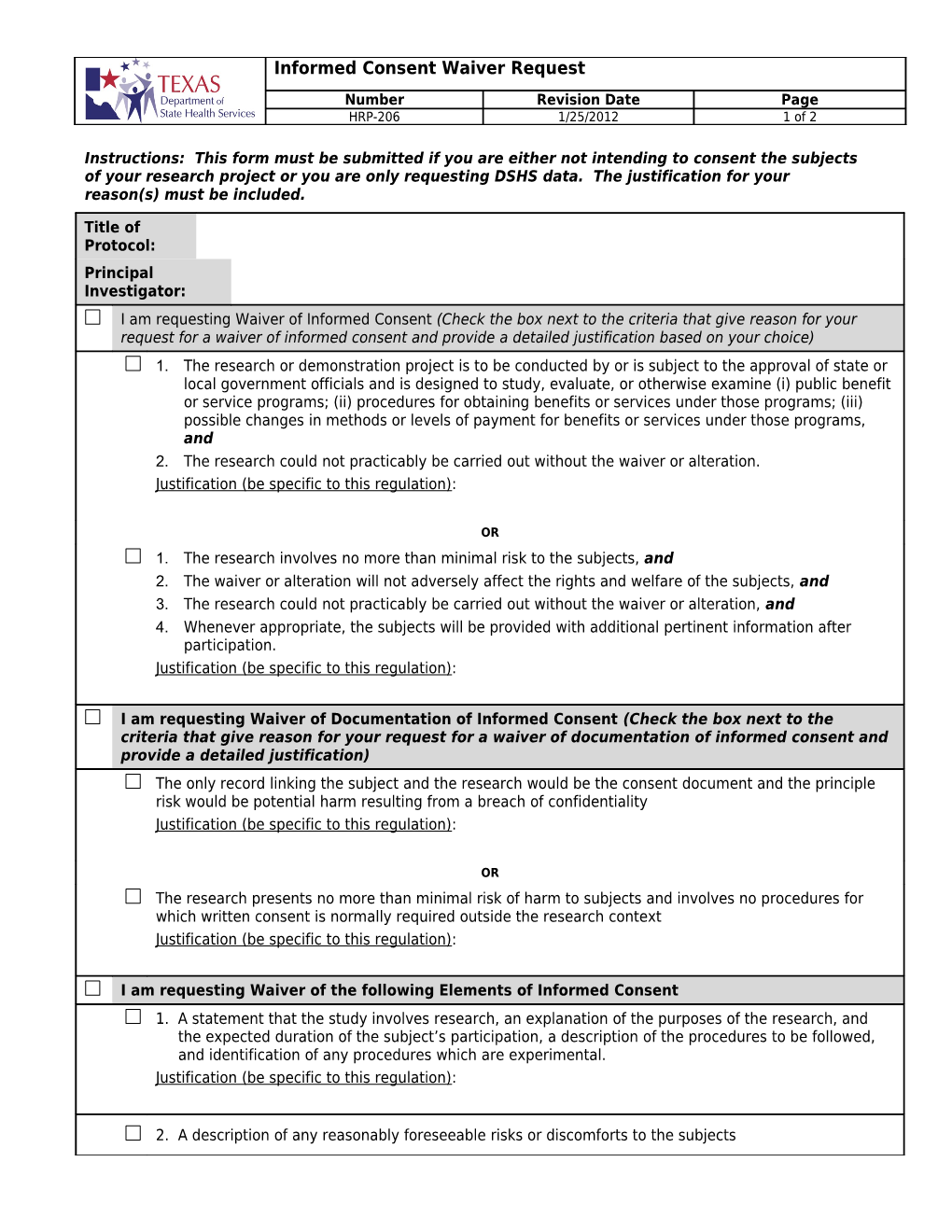 HRP-206 Informed Consent Waiver Request W