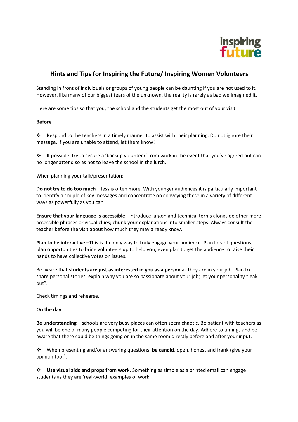 Hints and Tips for Inspiring the Future/ Inspiring Women Volunteers