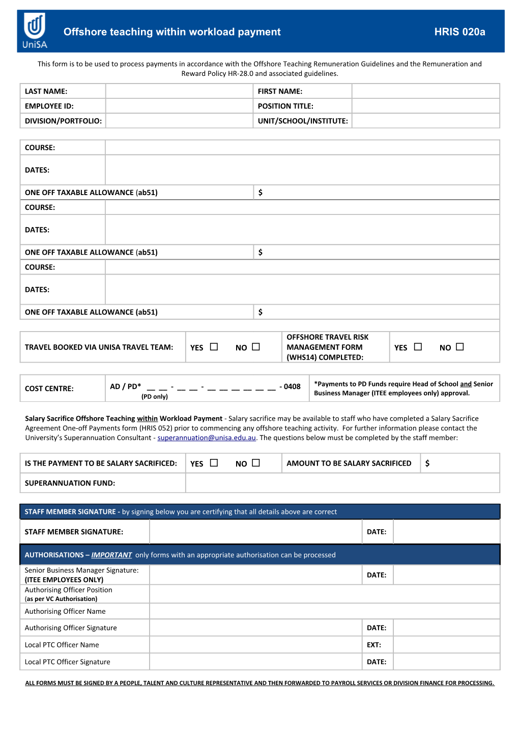 This Form Is to Be Used to Process Payments in Accordance with the Offshore Teaching