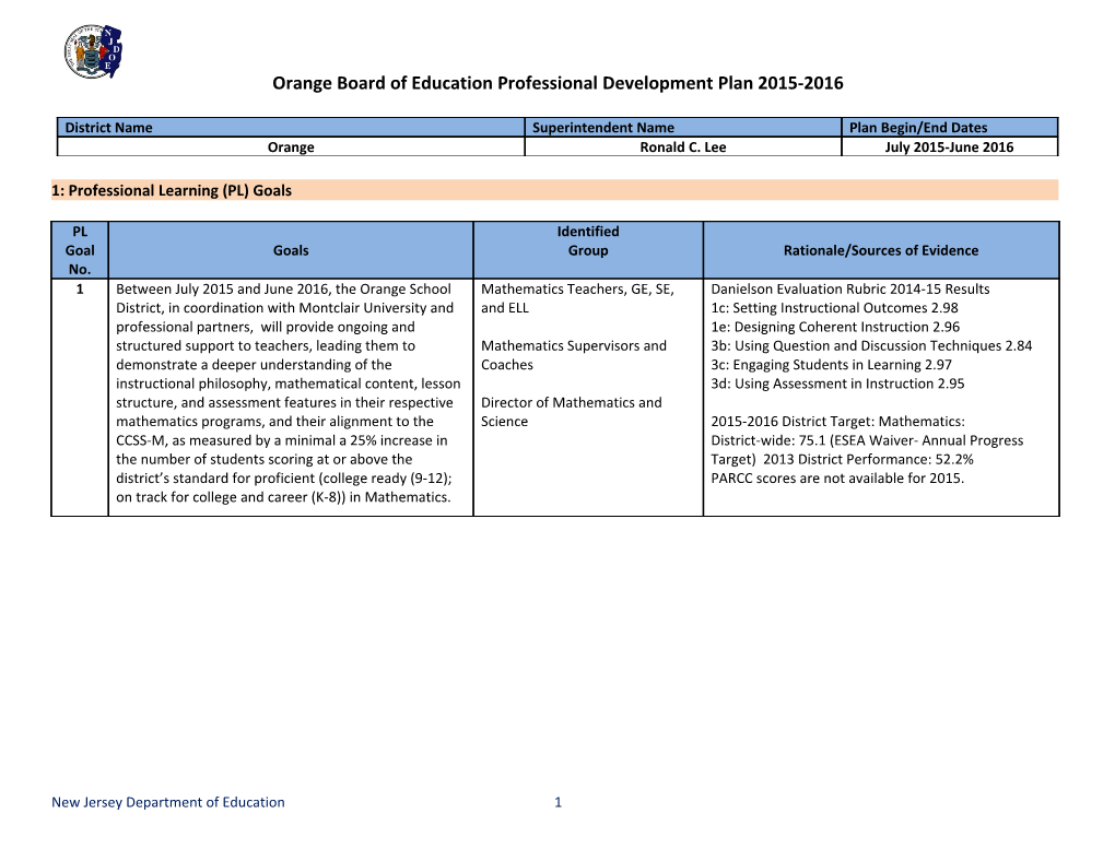 Orange Board of Education Professional Development Plan 2015-2016