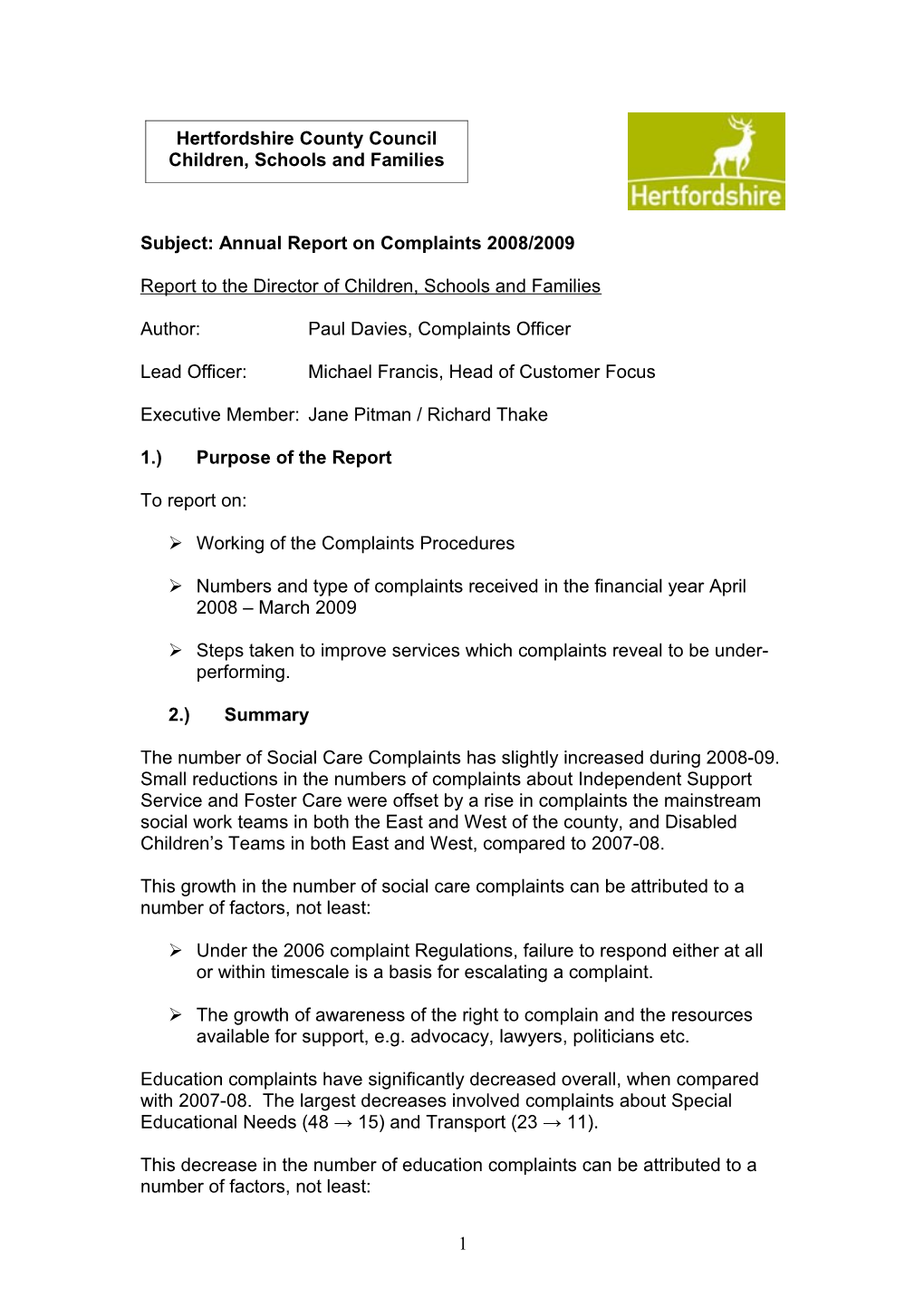 Subject: Annual Report on Complaints 2008/2009