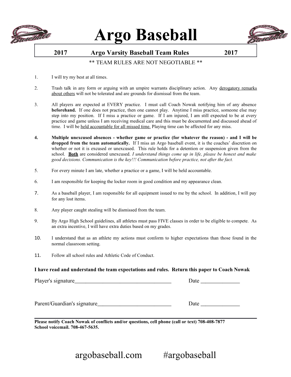 2017 Argo Varsity Baseball Team Rules2017