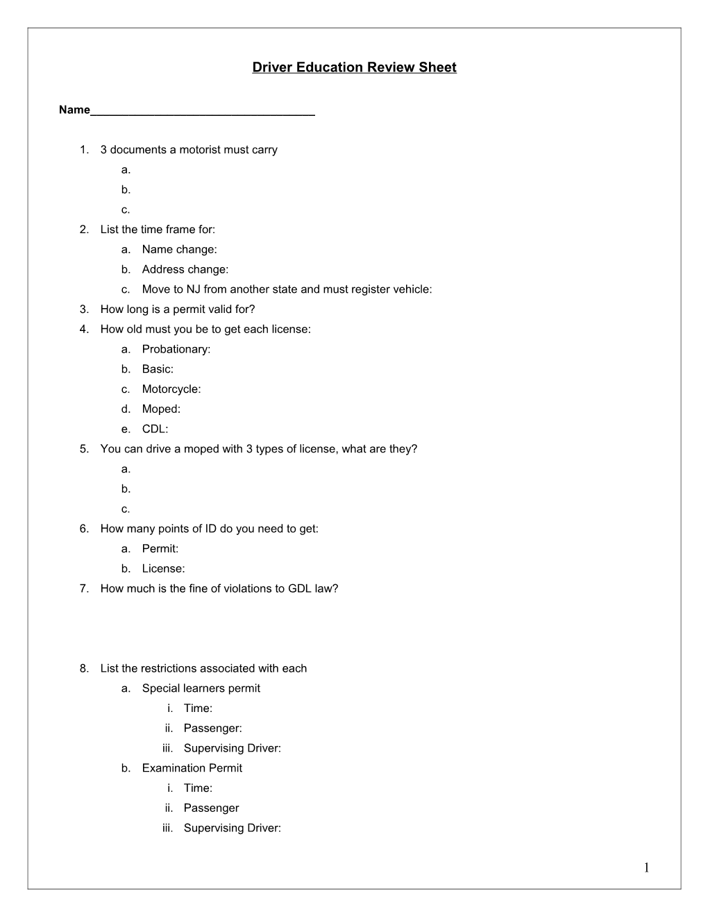 Driver Education Review Sheet