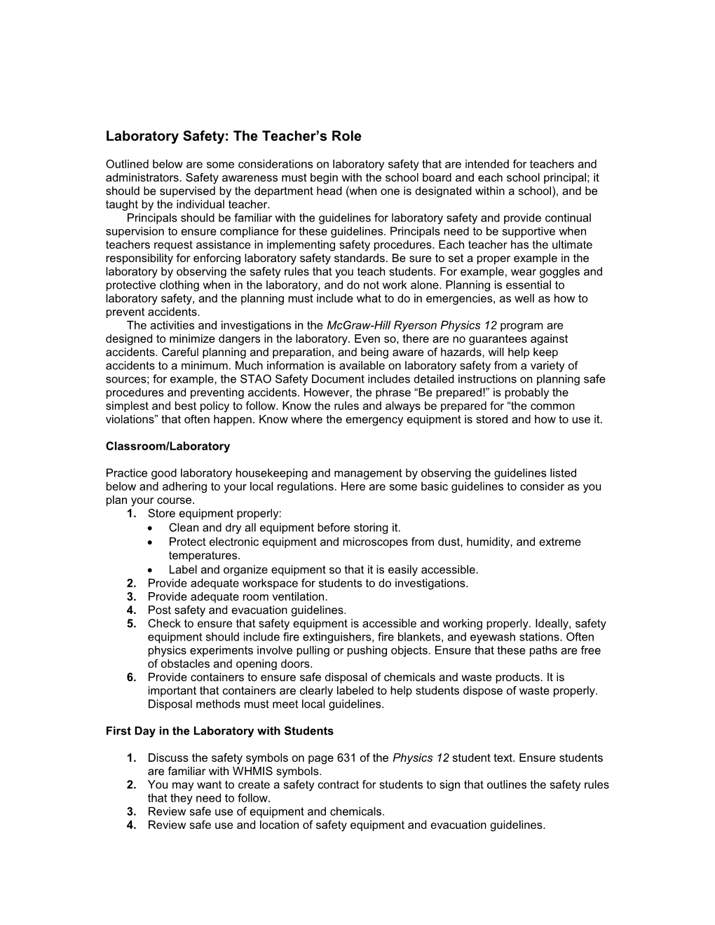 Laboratory Safety: the Teacher S Role