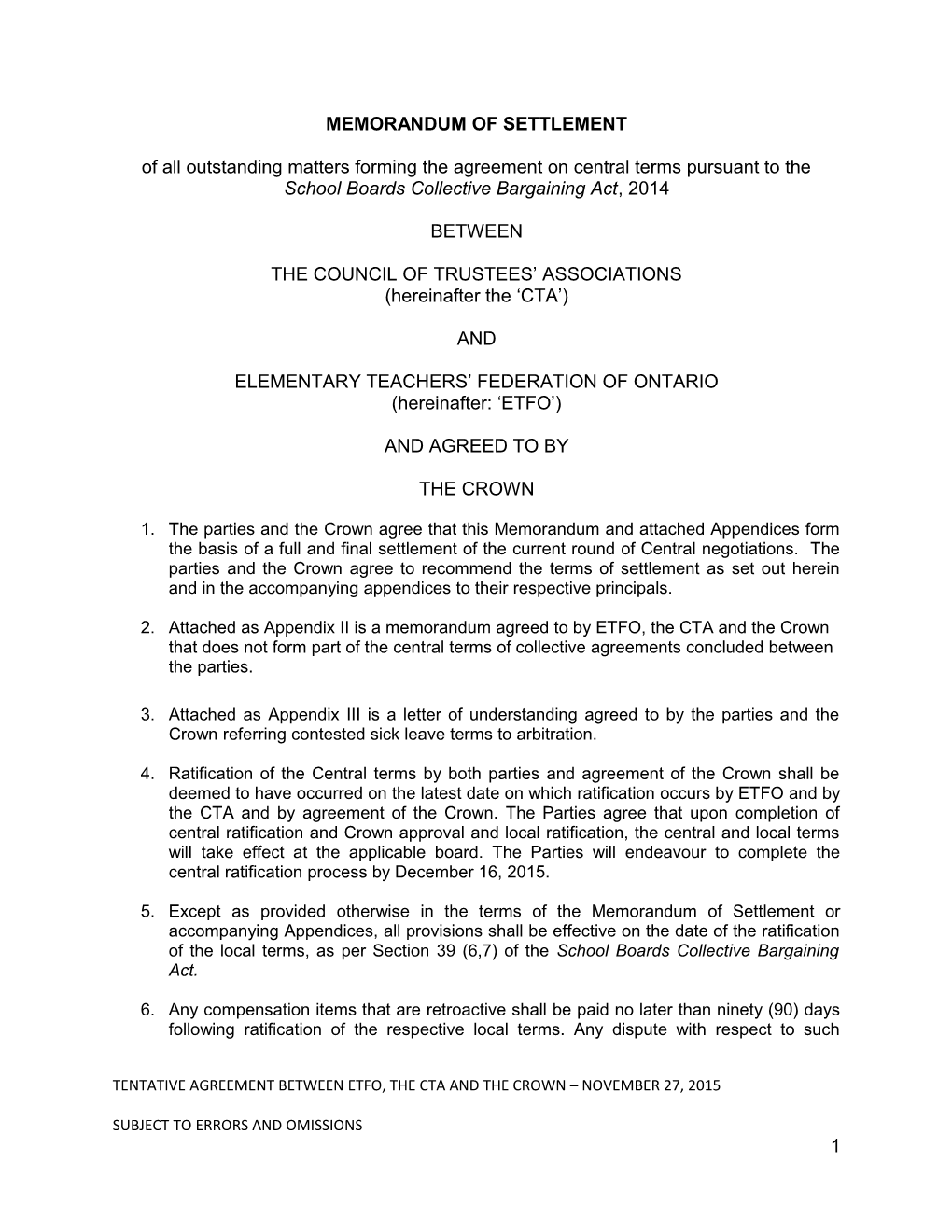 Memorandum of Settlement