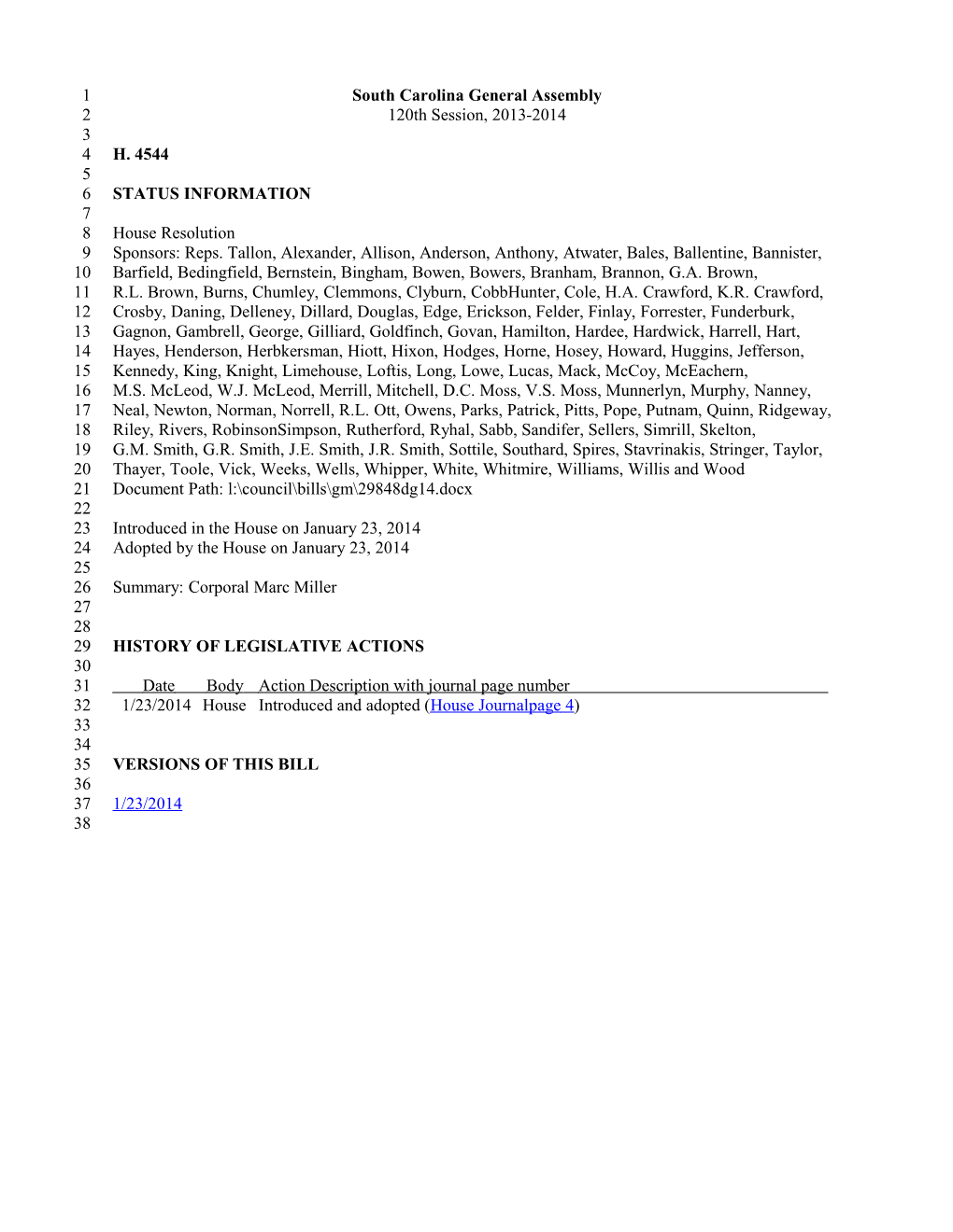 2013-2014 Bill 4544: Corporal Marc Miller - South Carolina Legislature Online