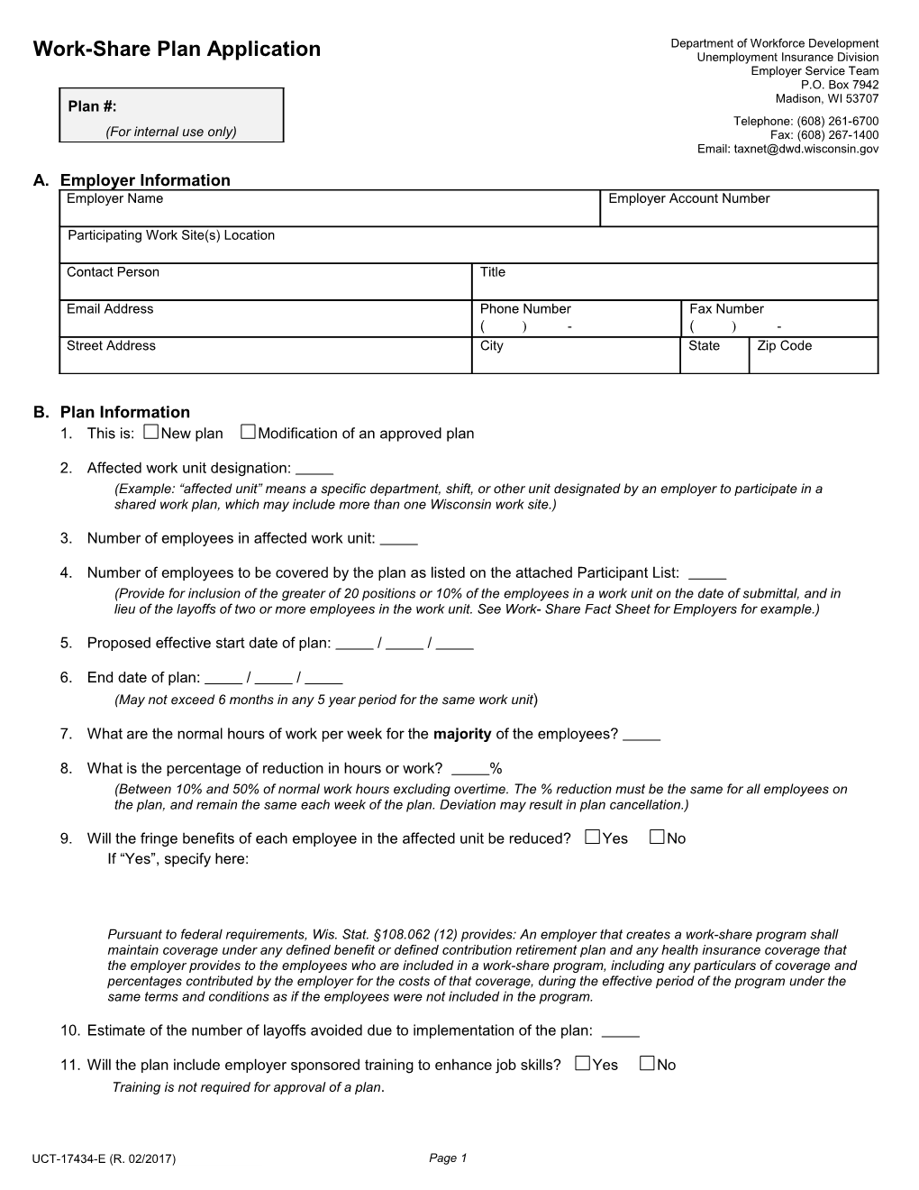 UCT-17434-E Work-Share Plan Application