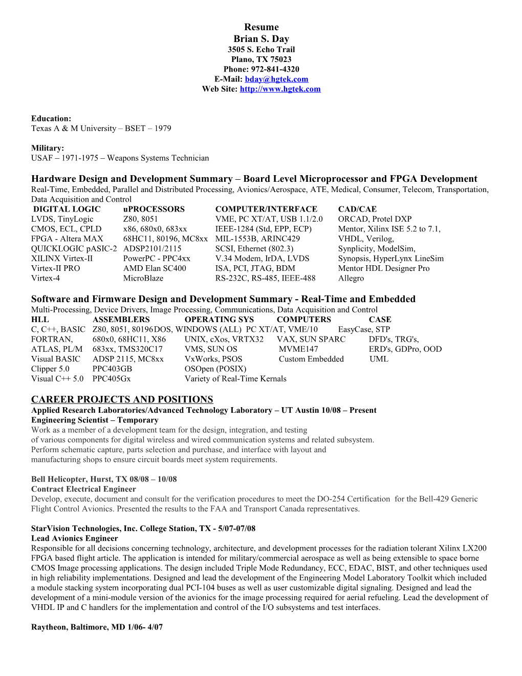 Hardware Design and Development Summary Board Level Microprocessor and FPGA Development