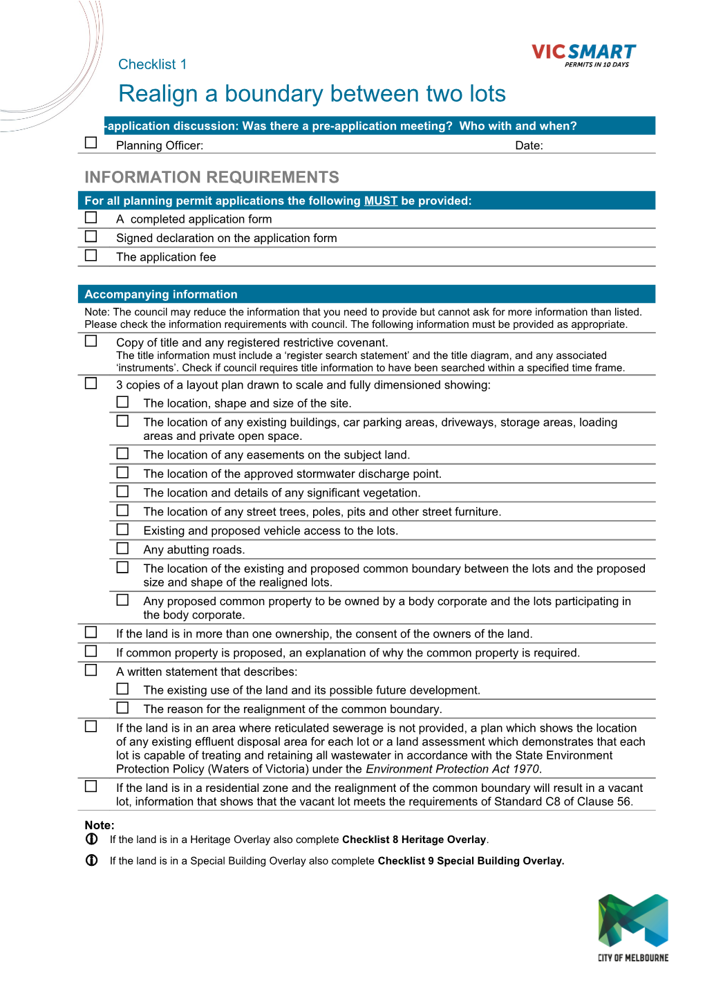 Vicsmart Checklist 1 - Realign a Boundary Between Two Lots