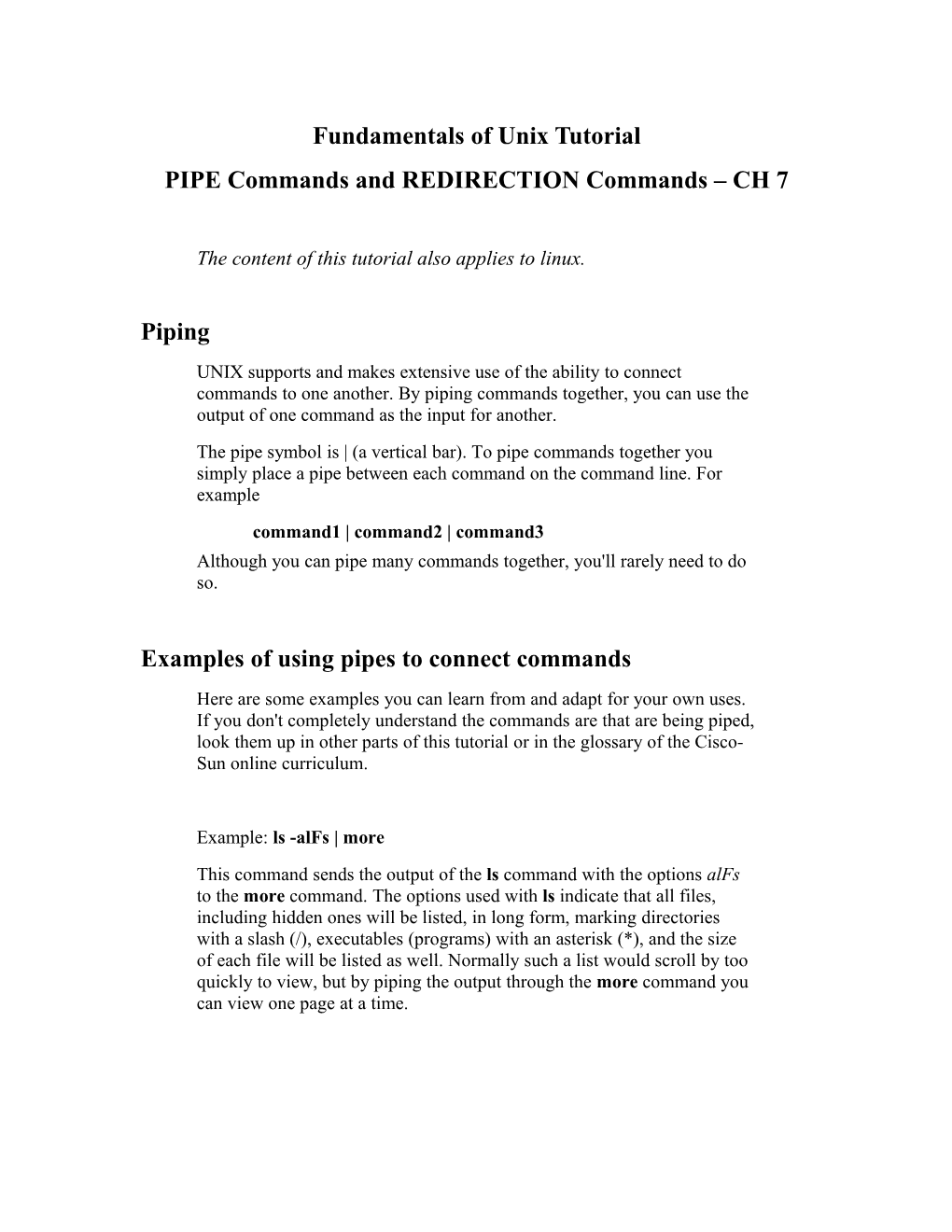 PIPE Commands and REDIRECTION Commands