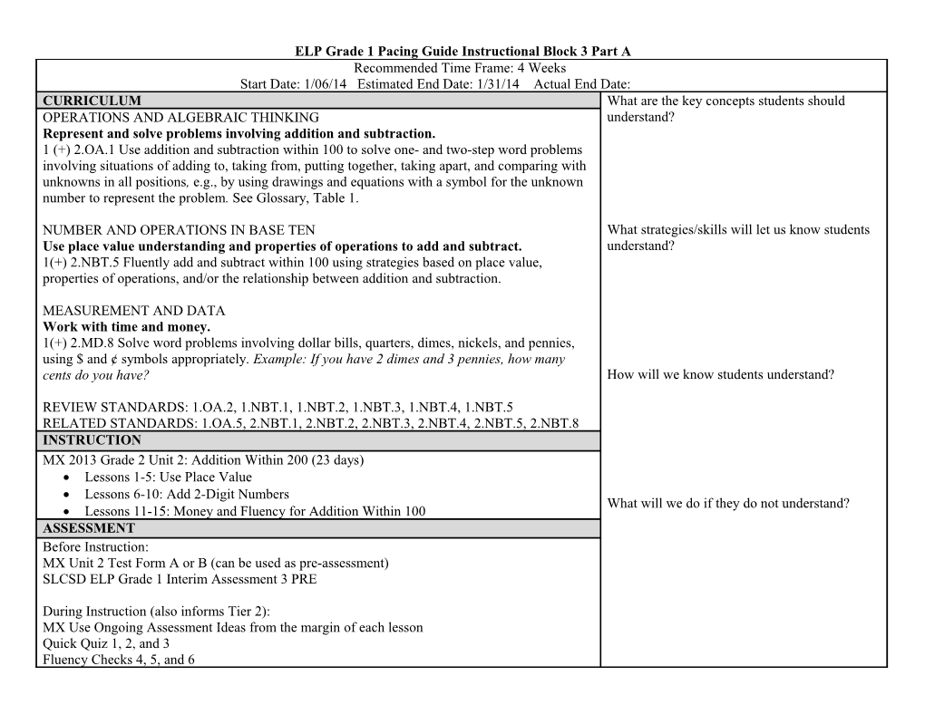 ELP Grade 1 Pacing Guide Instructional Block 3Part A