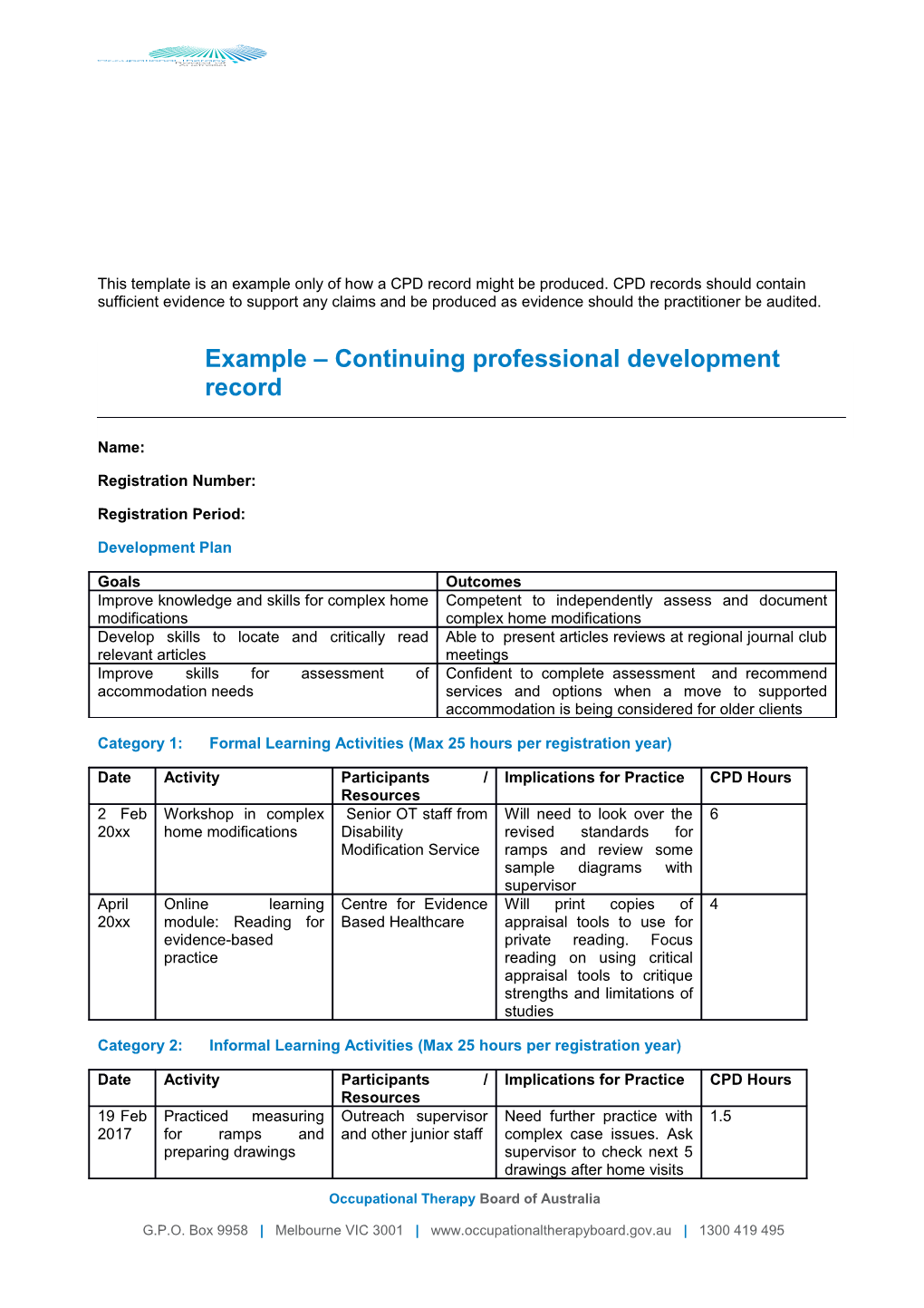 Example Continuing Professional Development Record