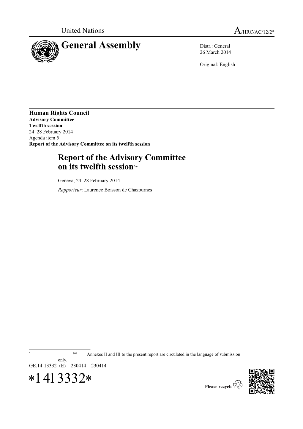 Report of the Advisory Committee on Its Twelfth Session
