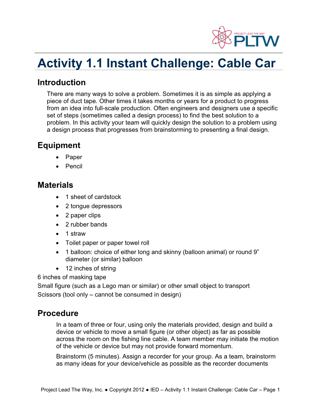 Activity 1.1 Instant Challenge: Cable Car