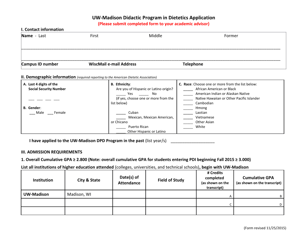 UW-Madison Didactic Program in Dietetics Application