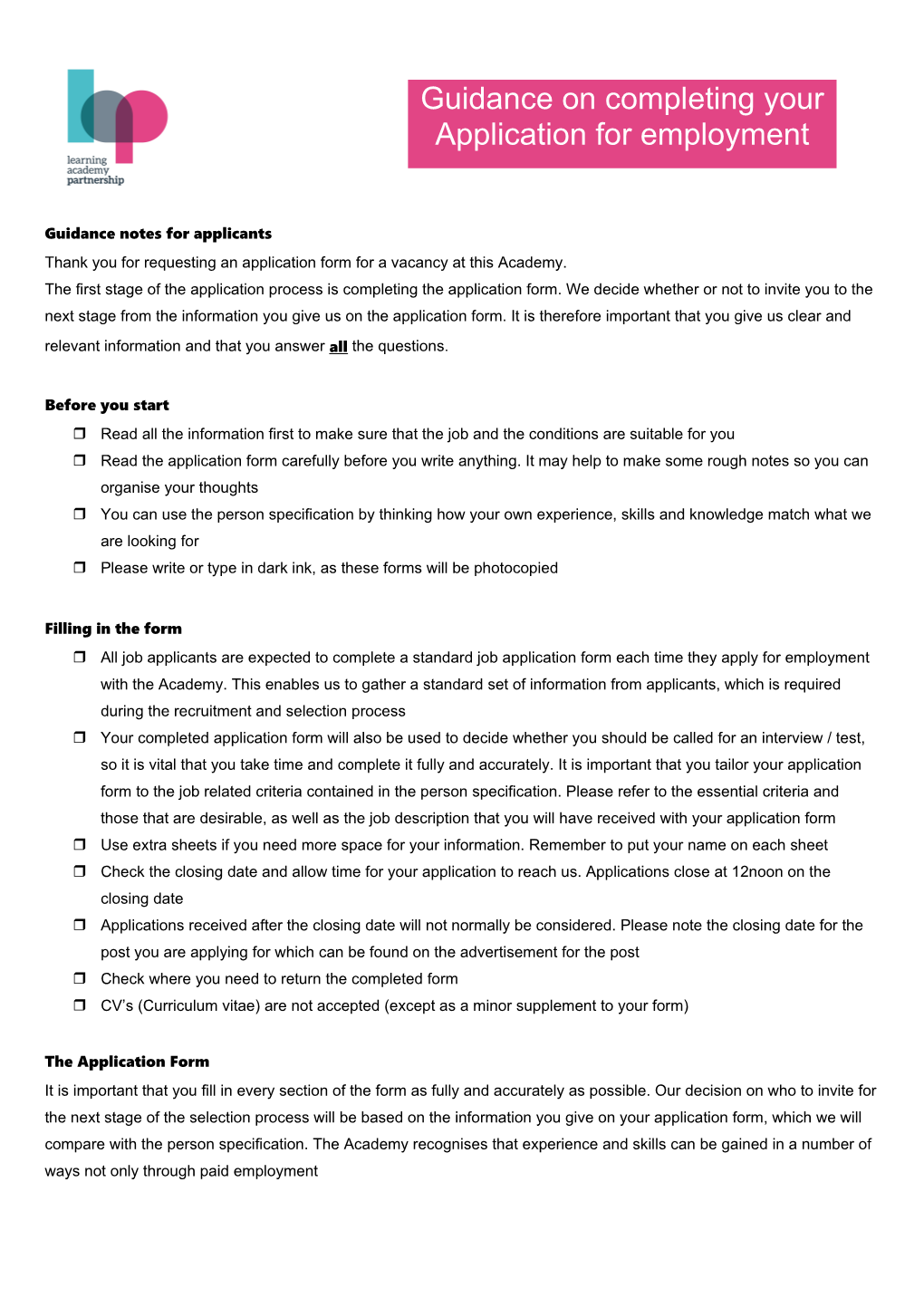 Guidance on Completing Your Application for Employment